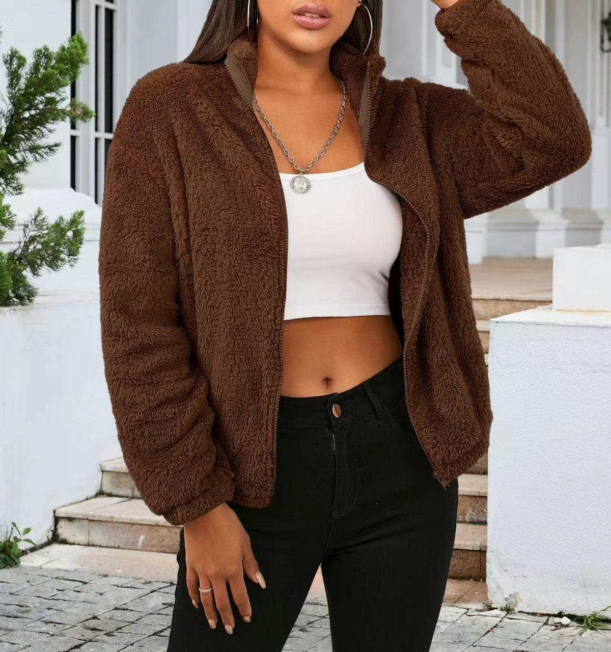 Women's Teddy Zip Jacket with High Collar and Relaxed Fit 1