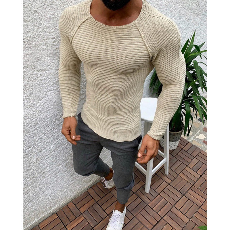 Men's Long Sleeve Ribbed Crew Neck Shirt Slim Fit 4