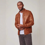 Men's Moto Jacket Stand Collar Zip Front with Side Pockets 1