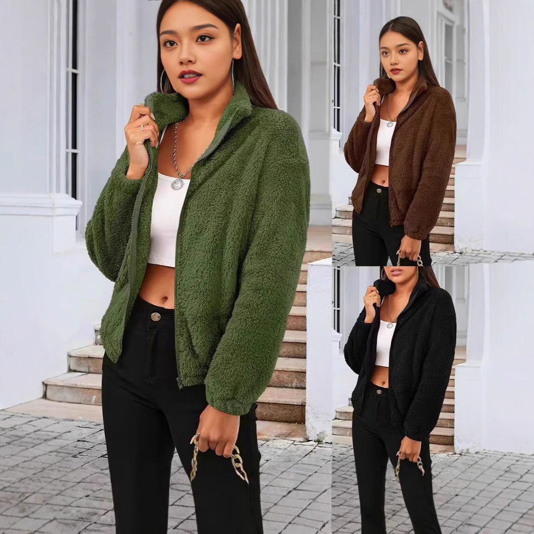 Women's Teddy Zip Jacket with High Collar and Relaxed Fit 4