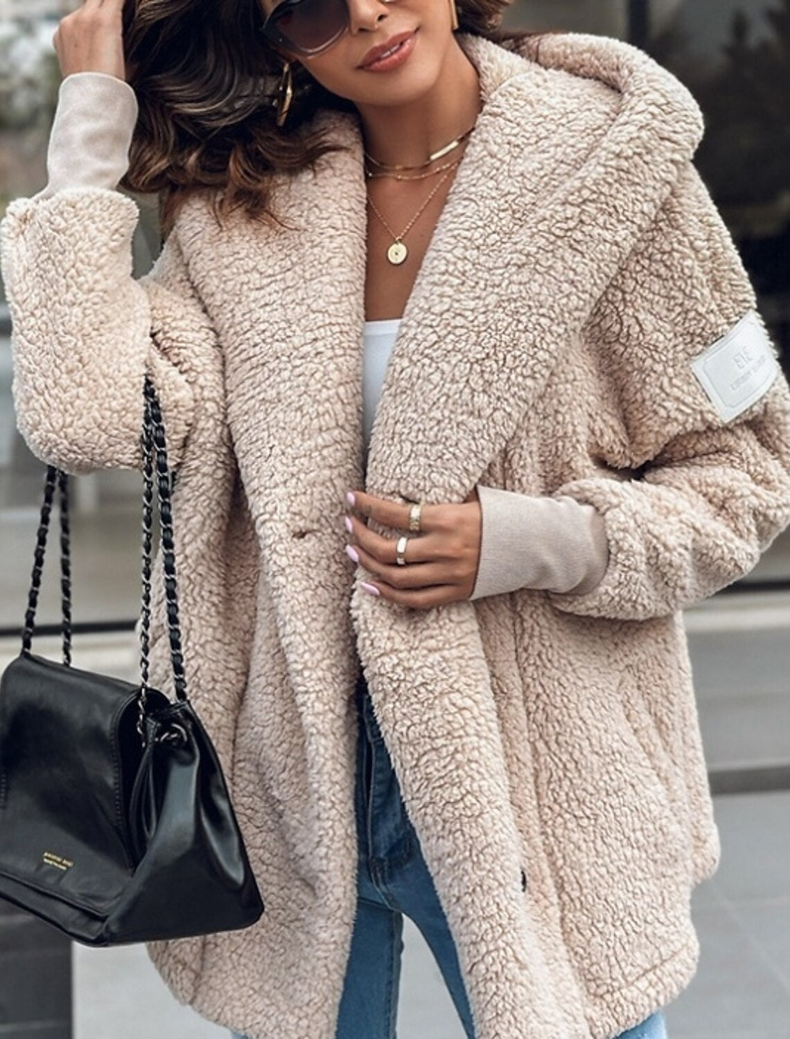 Women's Oversized Teddy Coat with Shawl Collar and Pockets 1