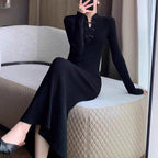 Women's Ribbed Knit Midi Dress with High Neck and Button Details 2