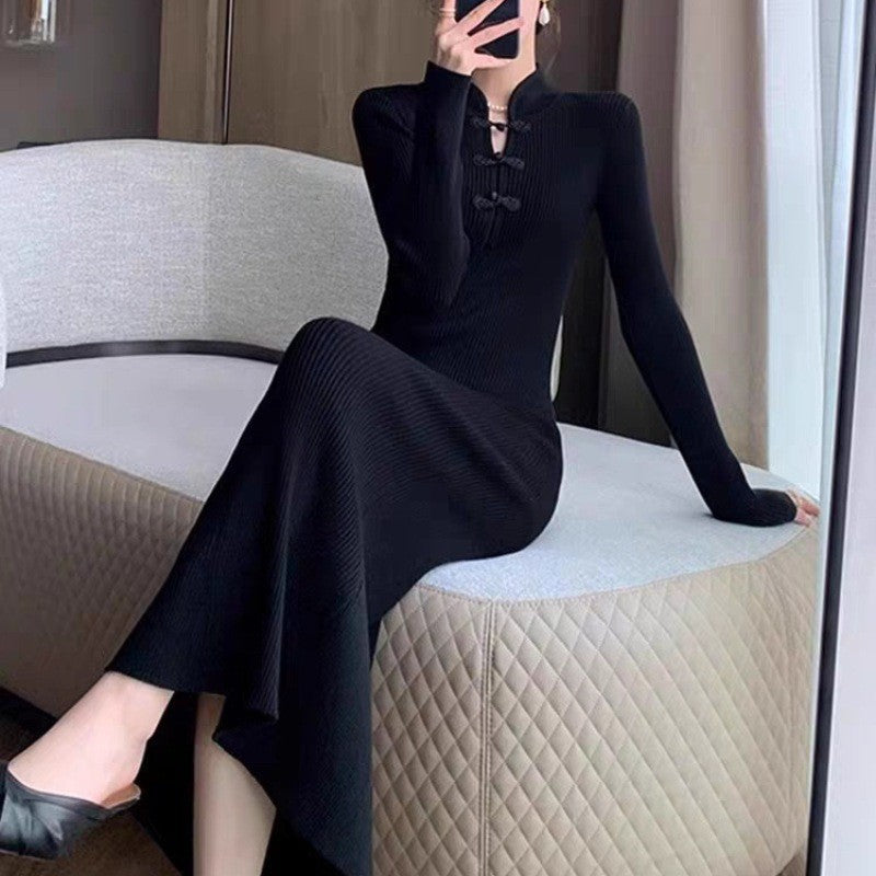Women's Ribbed Knit Midi Dress with High Neck and Button Details 2