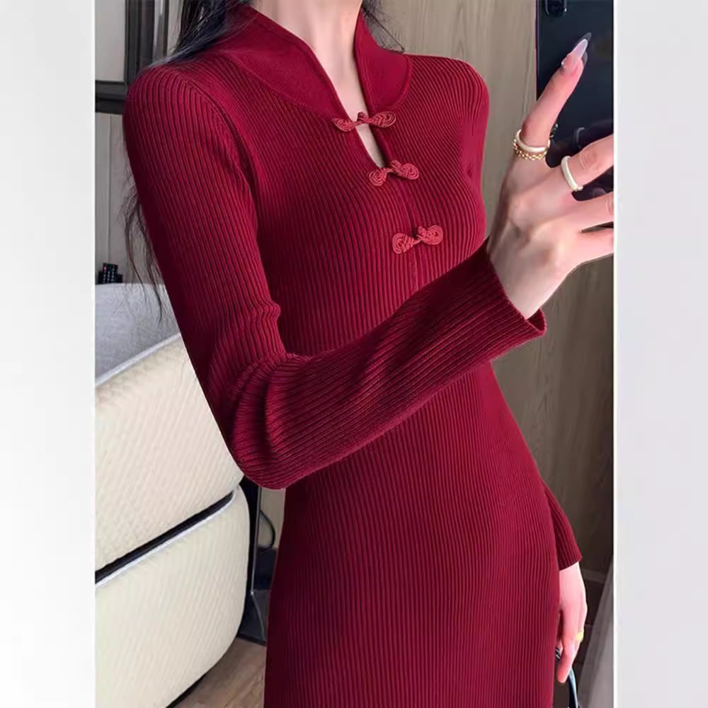 Women's Ribbed Knit Midi Dress with High Neck and Button Details 5