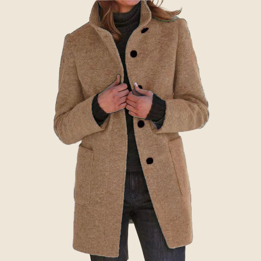 Women's Stand Collar Mid-Length Coat with Front Pockets 7
