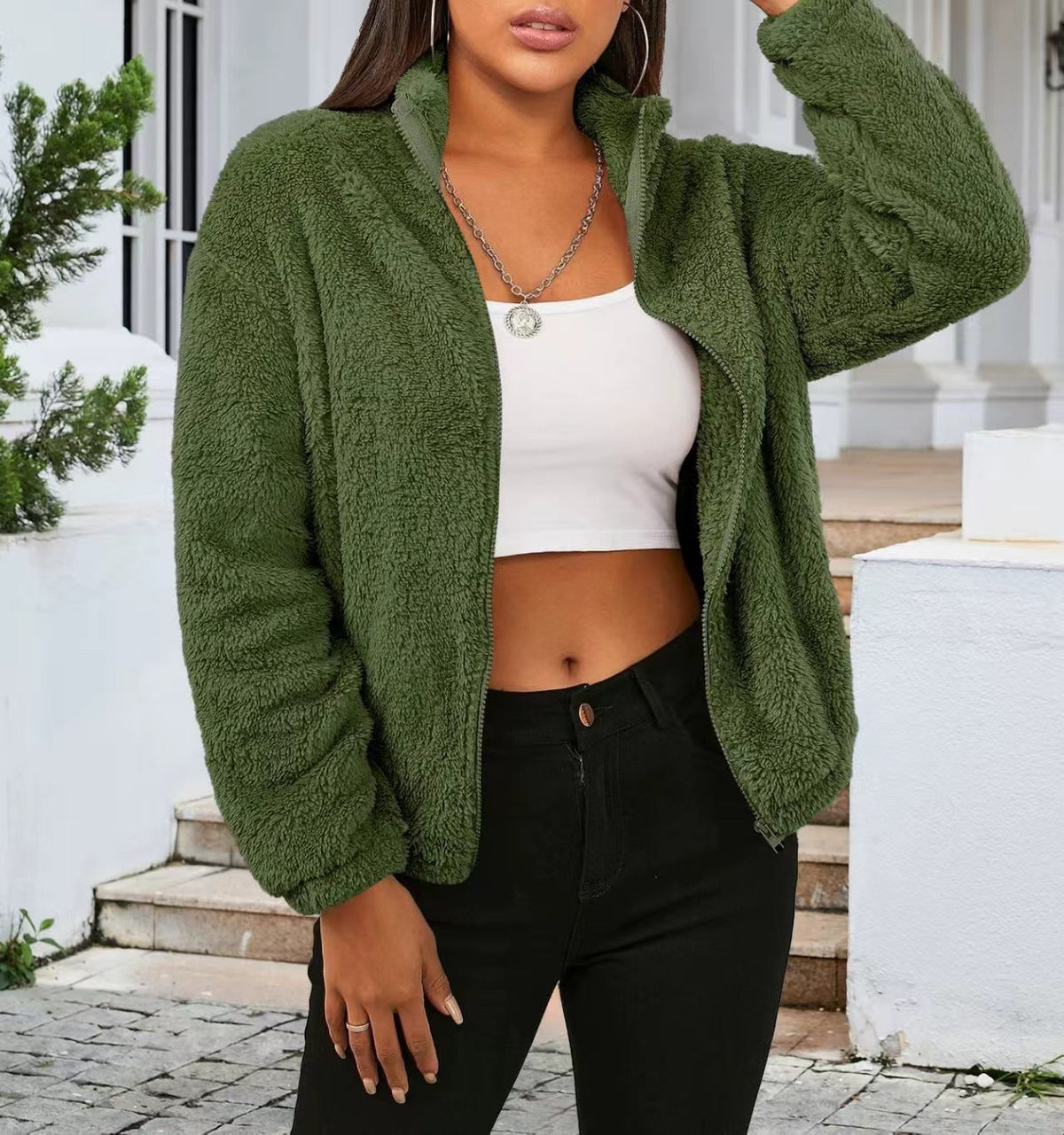 Women's Teddy Zip Jacket with High Collar and Relaxed Fit 2