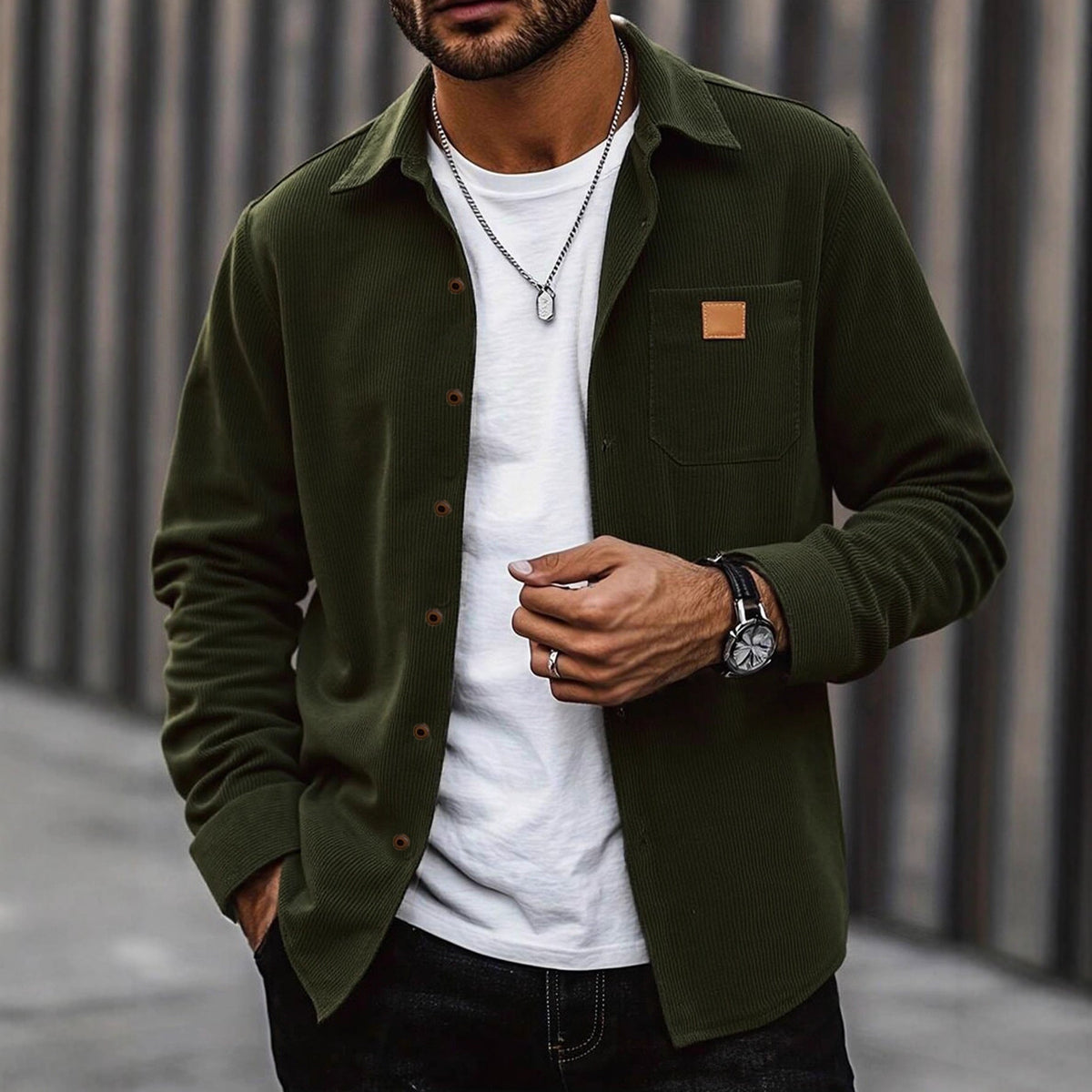 Men's Corduroy Shirt Jacket with Button Front Chest Pocket 2