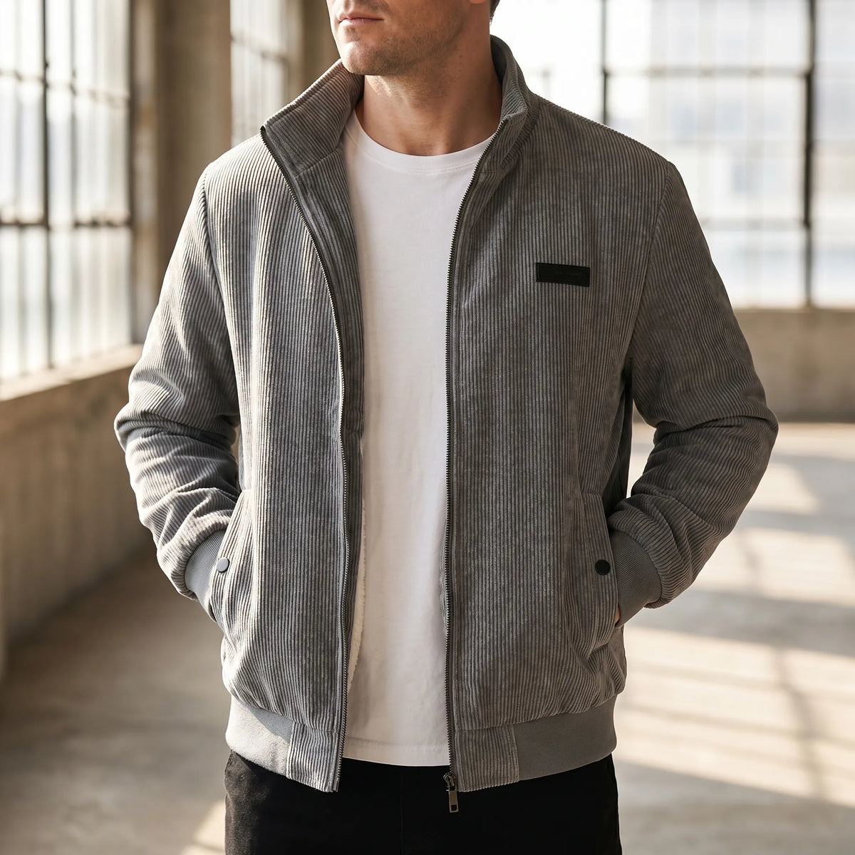 Men's Ribbed Zip Jacket with Stand Collar and Fleece Lining 5