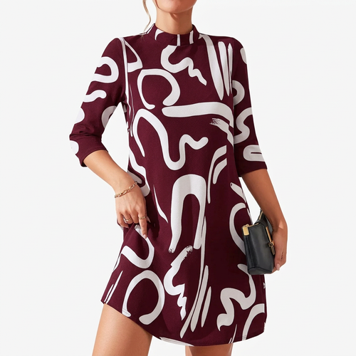 Romilly | Abstract Print Mock Neck Shift Dress with 3/4 Sleeves 1