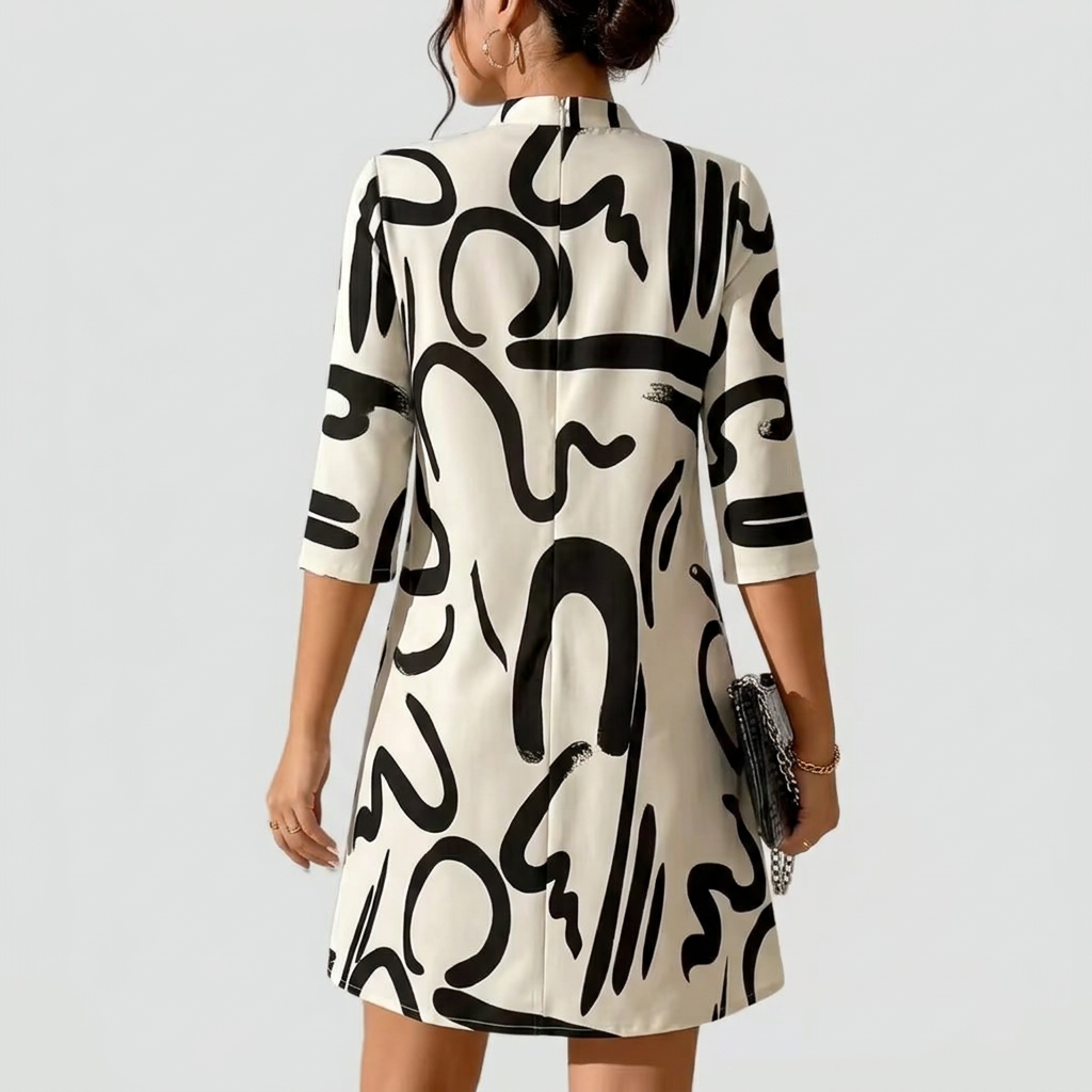 Romilly | Abstract Print Mock Neck Shift Dress with 3/4 Sleeves 8