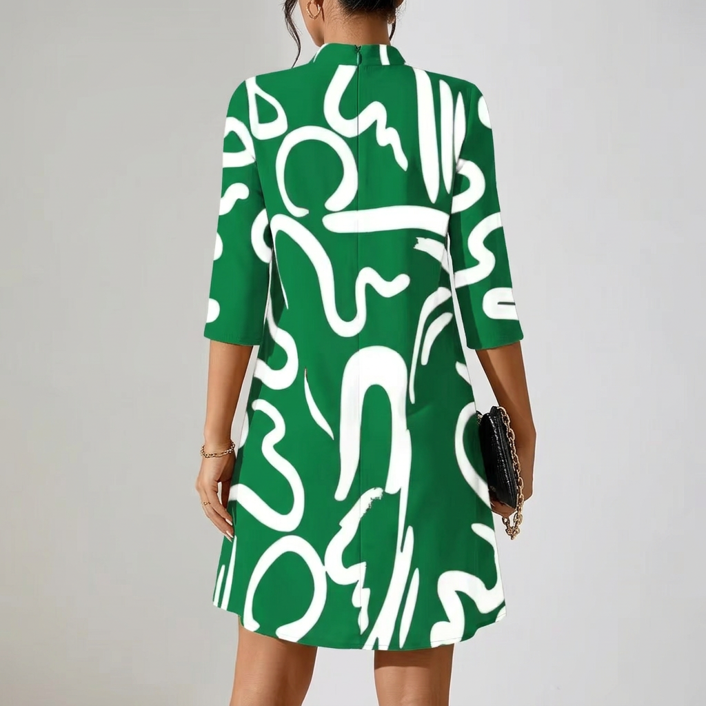 Romilly | Abstract Print Mock Neck Shift Dress with 3/4 Sleeves 4