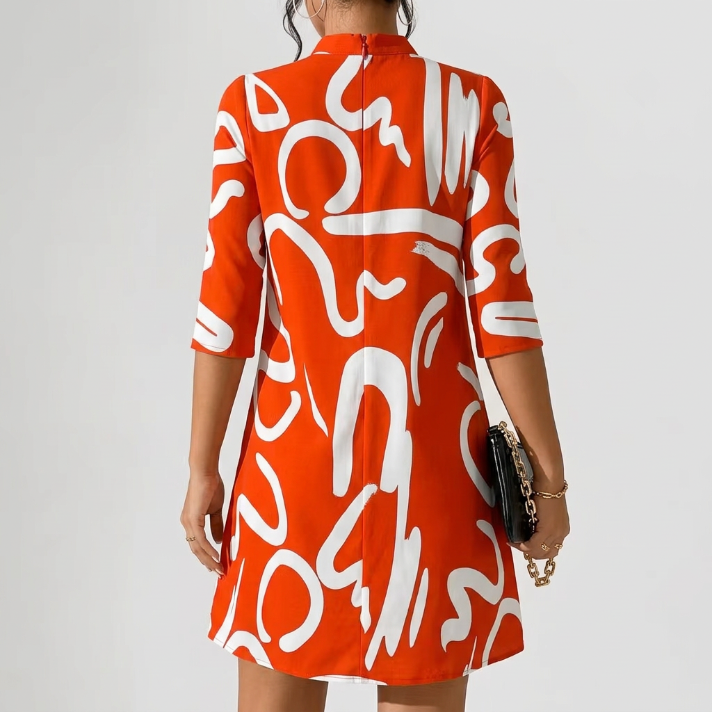 Romilly | Abstract Print Mock Neck Shift Dress with 3/4 Sleeves 6