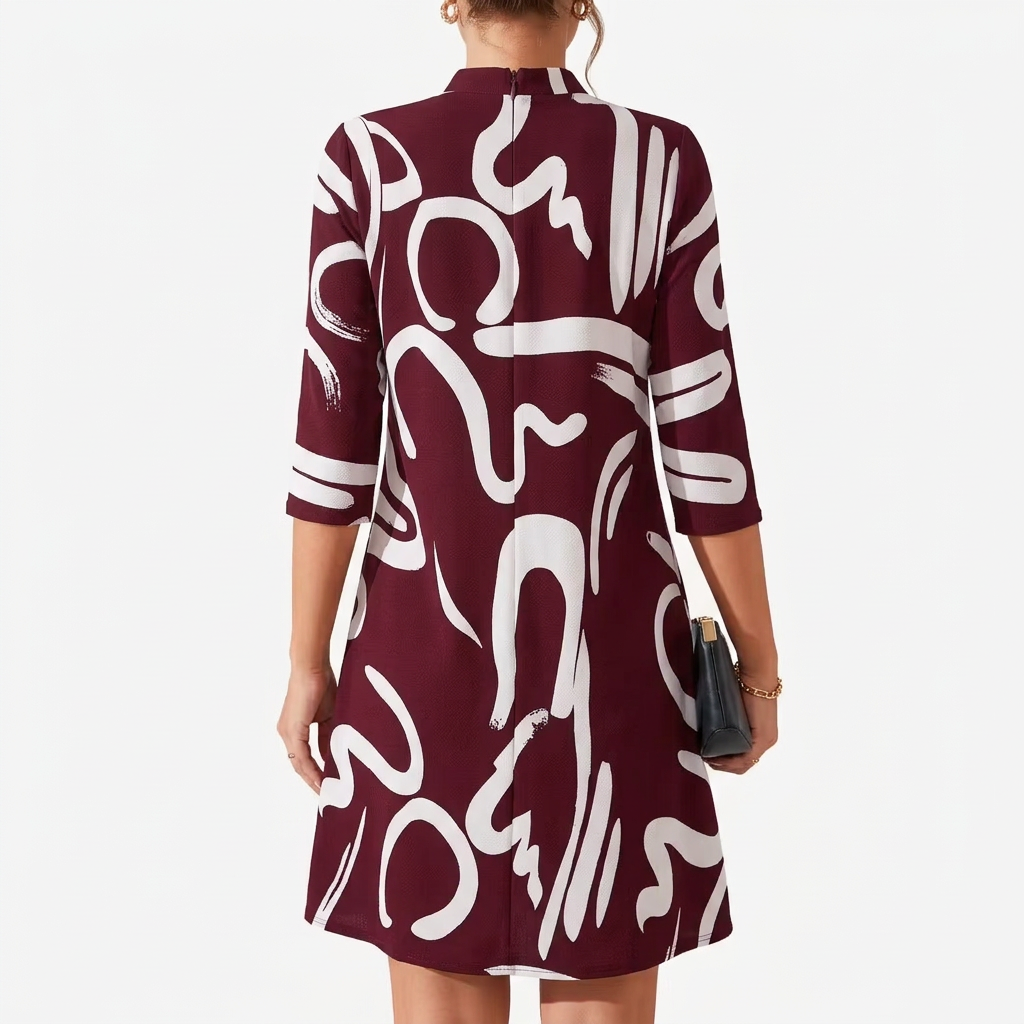Romilly | Abstract Print Mock Neck Shift Dress with 3/4 Sleeves 2