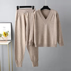 Women's V-Neck Sweater and Jogger Set Ribbed Trim 6