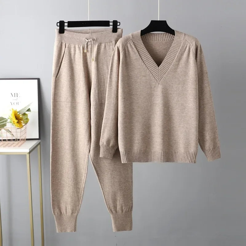 Women's V-Neck Sweater and Jogger Set Ribbed Trim 6
