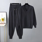 Women's V-Neck Sweater and Jogger Set Ribbed Trim 1