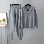 Women's V-Neck Sweater and Jogger Set Ribbed Trim 2