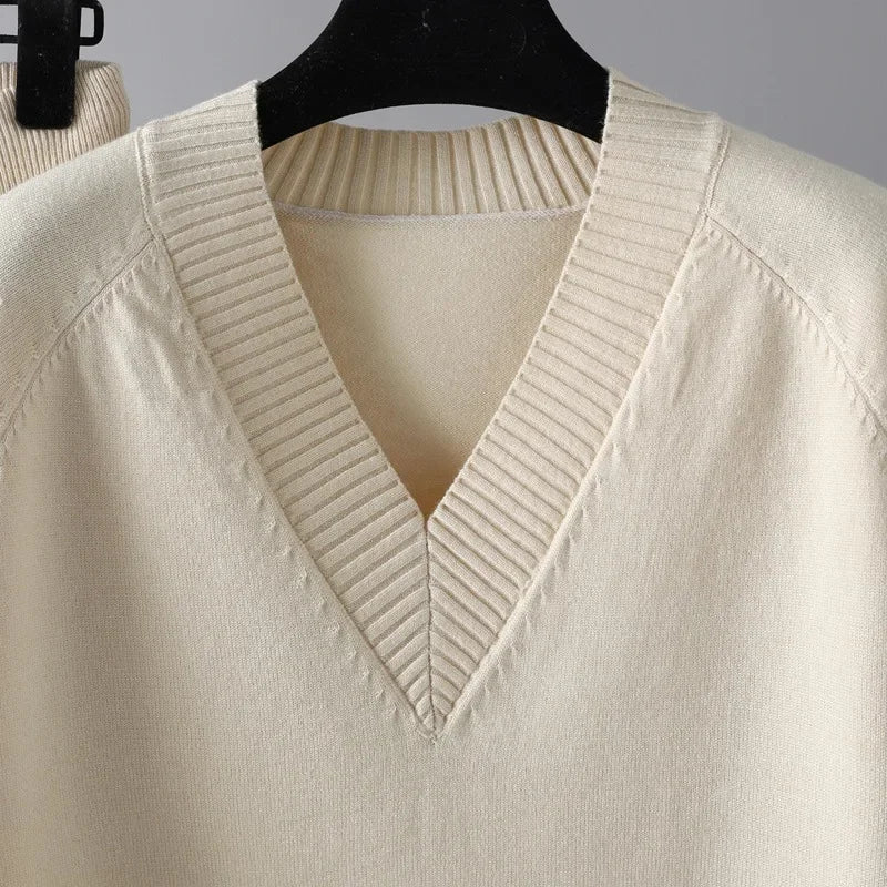 Women's V-Neck Sweater and Jogger Set Ribbed Trim 8