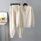 Women's V-Neck Sweater and Jogger Set Ribbed Trim 3