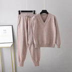 Women's V-Neck Sweater and Jogger Set Ribbed Trim 5