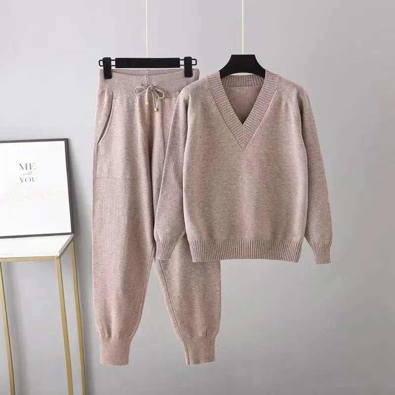 Women's V-Neck Sweater and Jogger Set Ribbed Trim 5