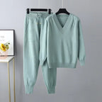 Women's V-Neck Sweater and Jogger Set Ribbed Trim 4