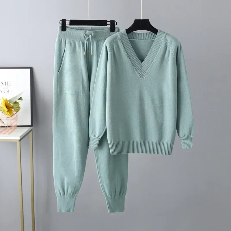 Women's V-Neck Sweater and Jogger Set Ribbed Trim 4