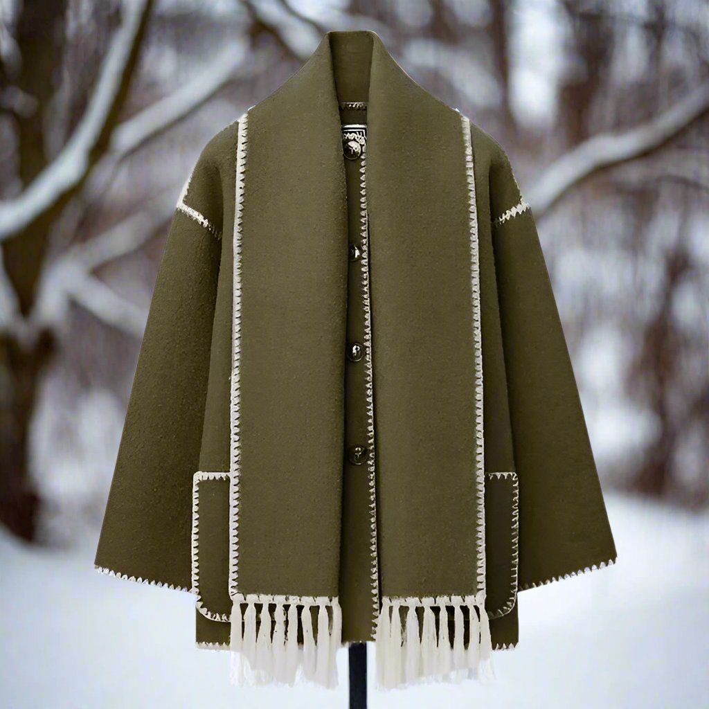 Women's Shawl Collar Coat with Button Front and Fringe Trim 4