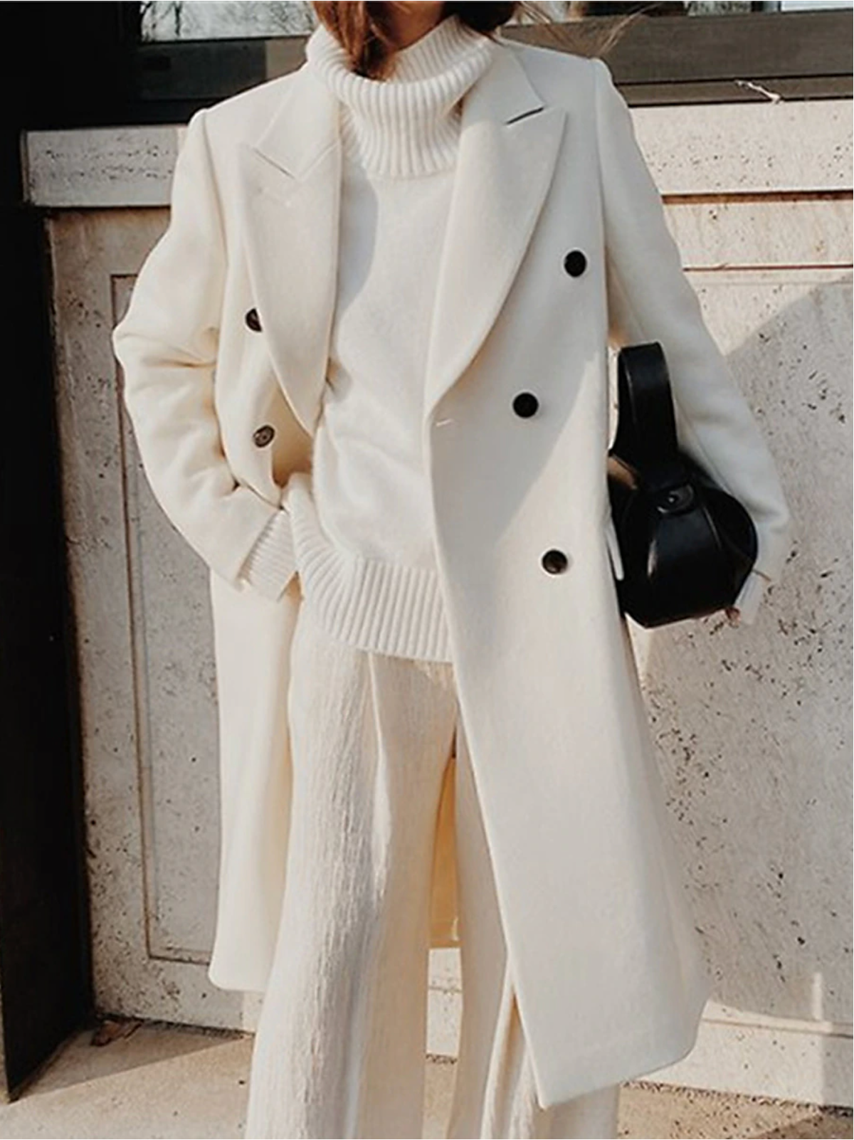 Women's Double-Breasted Long Wool Coat with Belt 1