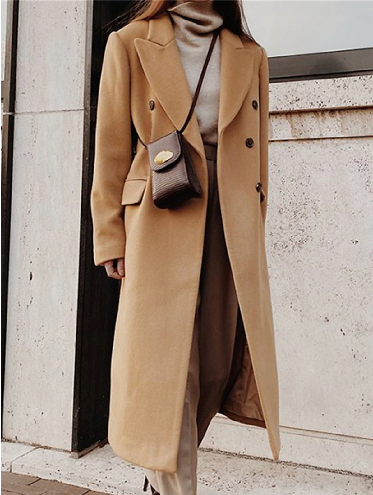 Women's Double-Breasted Long Wool Coat with Belt 2