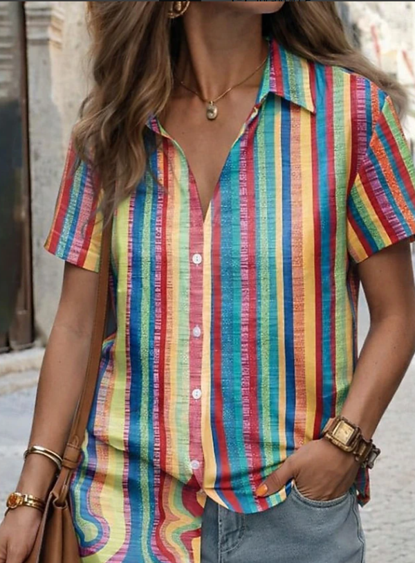 Santoria| Casual Boho Stripe Short Sleeve Shirt 4