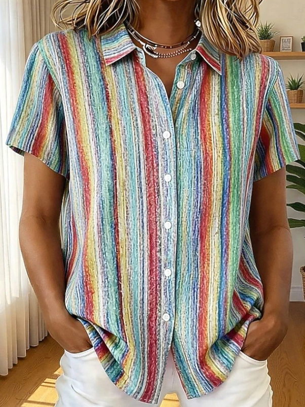 Santoria| Casual Boho Stripe Short Sleeve Shirt 2