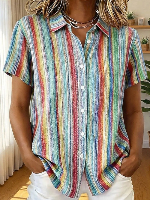 Santoria| Casual Boho Stripe Short Sleeve Shirt 2