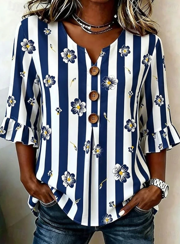 Zara | Striped Floral Bell Sleeve Blouse 1