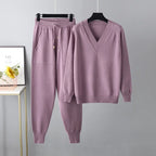 Women's V-Neck Sweater and Jogger Set Ribbed Trim 7