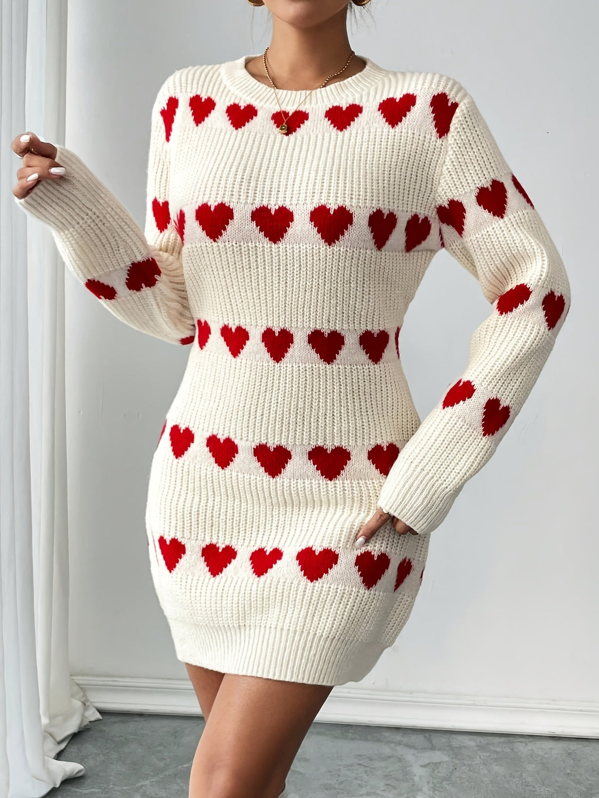 Women's Heart Pattern Sweater Dress Long Sleeve 6