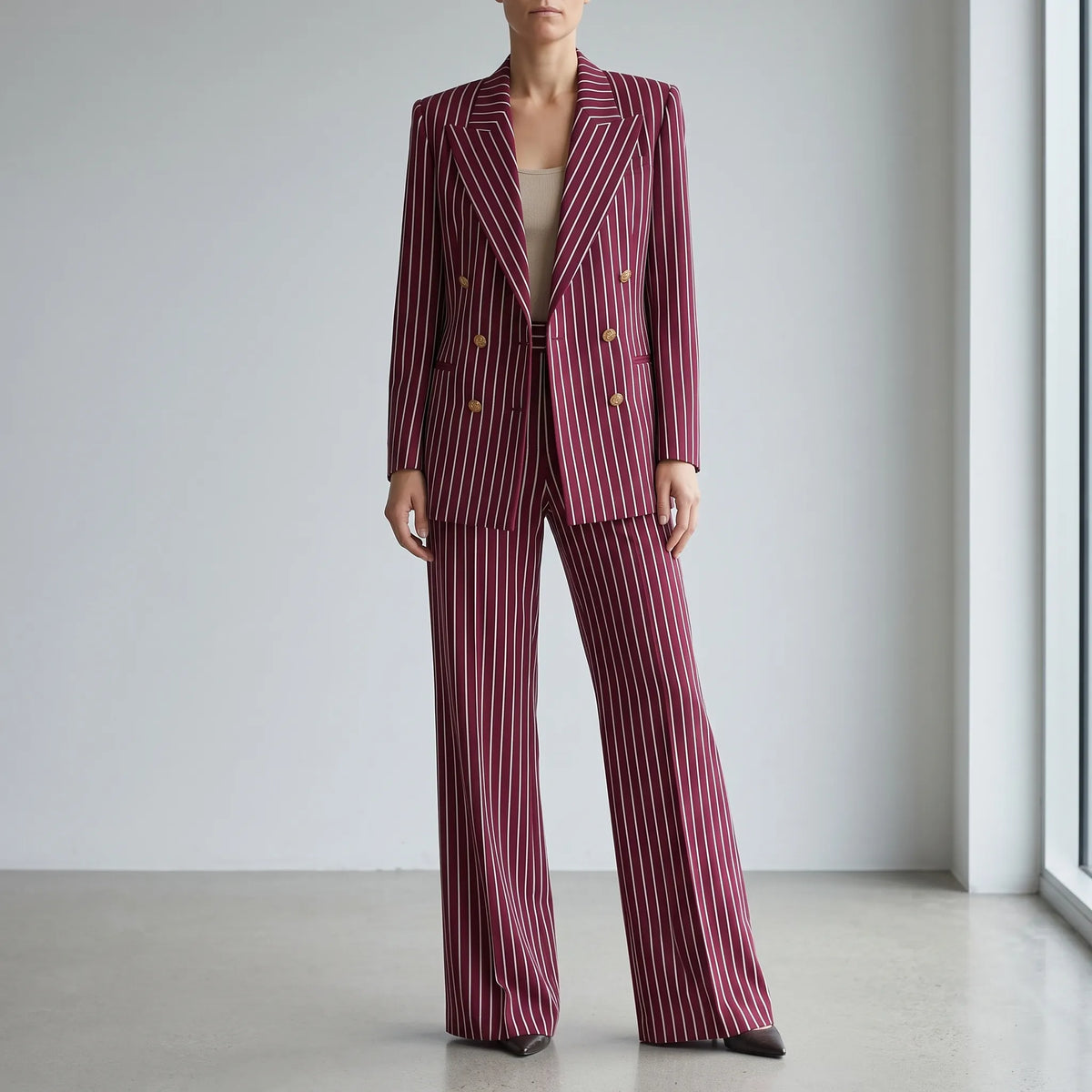 Women's Striped Double-Breasted Pant Suit Wide-Leg 6