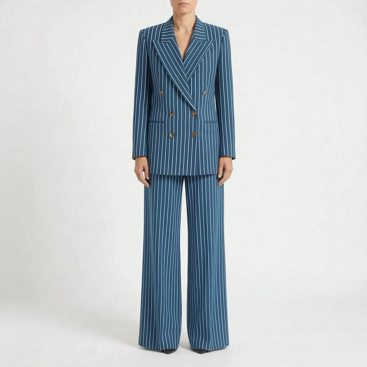 Women's Striped Double-Breasted Pant Suit Wide-Leg 1