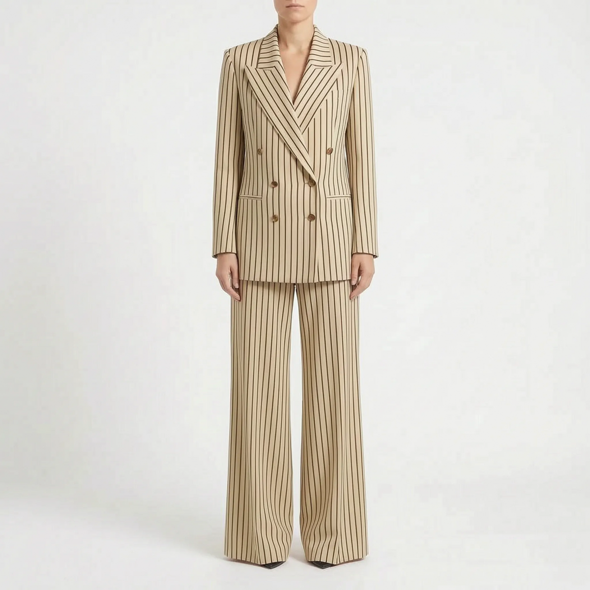 Women's Striped Double-Breasted Pant Suit Wide-Leg 2