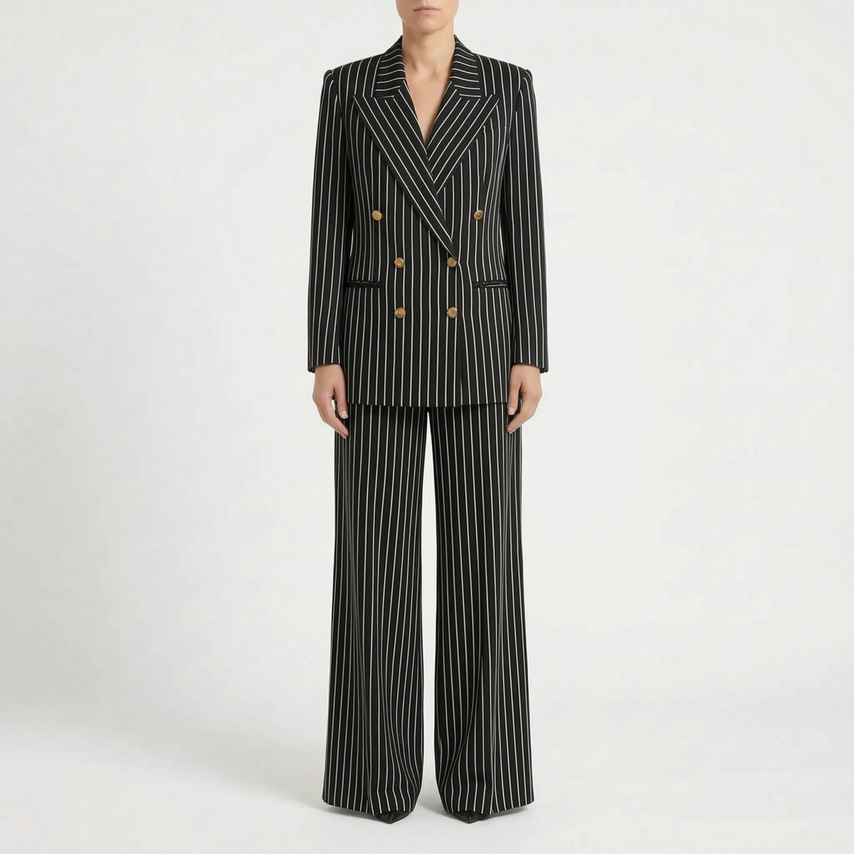 Women's Striped Double-Breasted Pant Suit Wide-Leg 3