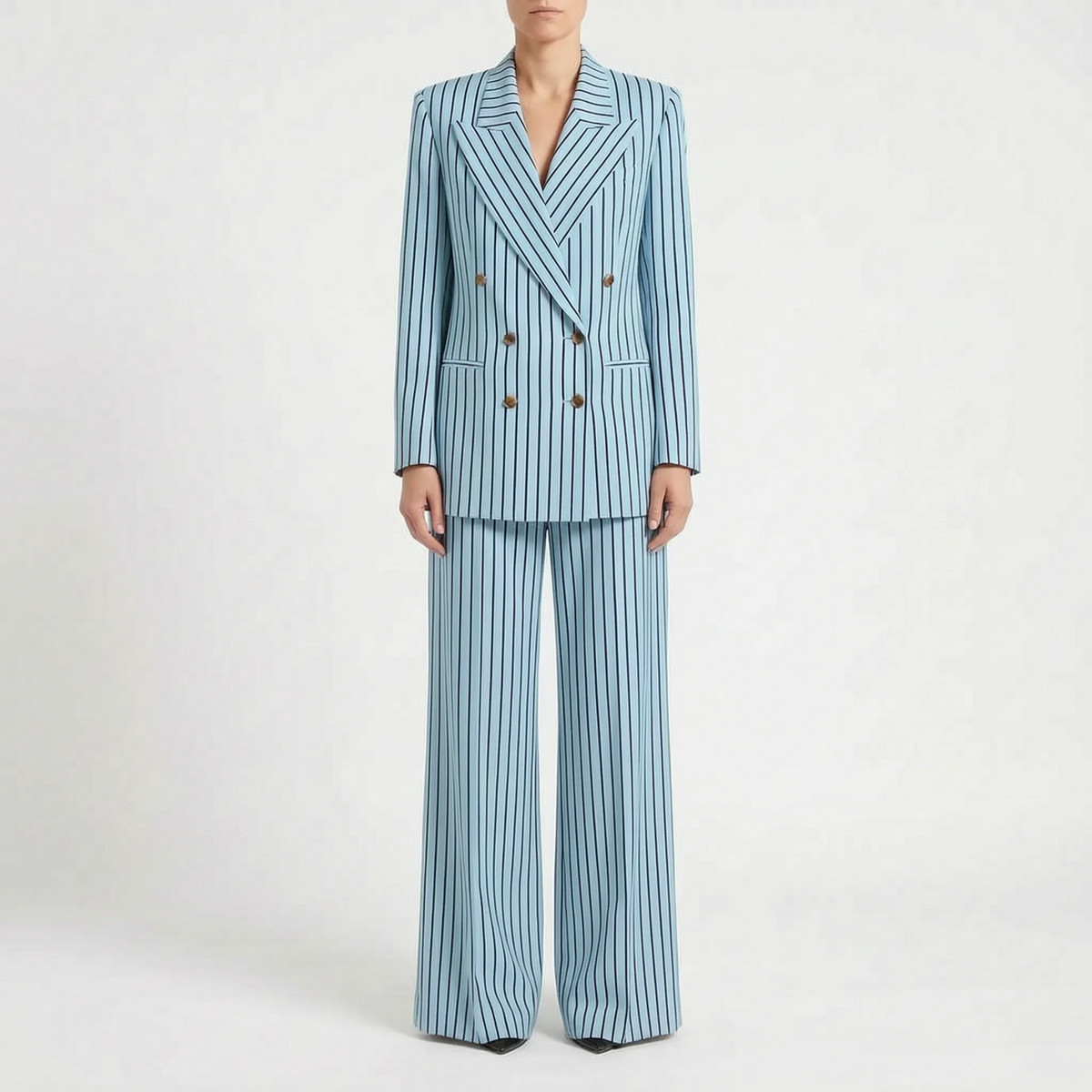 Women's Striped Double-Breasted Pant Suit Wide-Leg 4