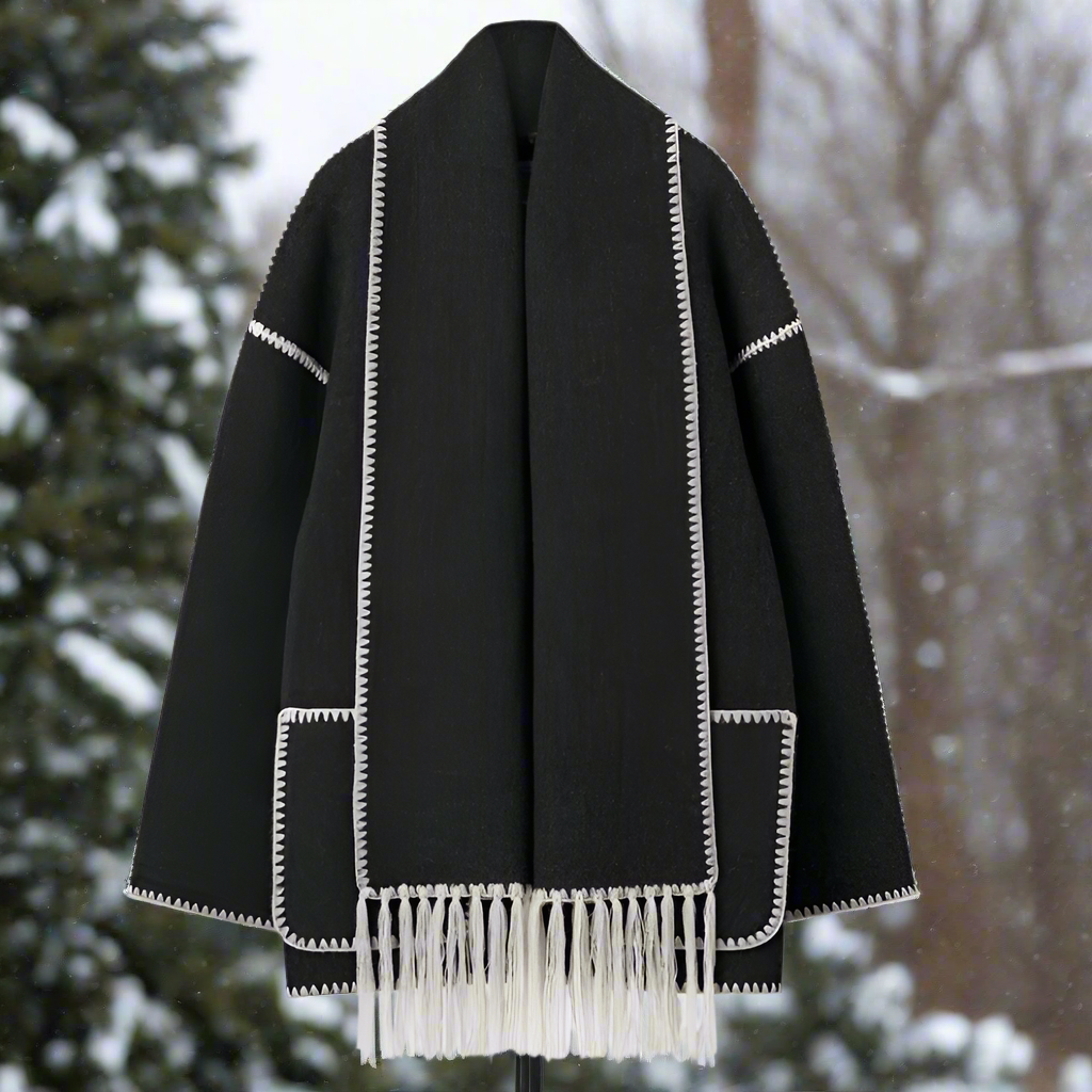 Women's Shawl Collar Coat with Button Front and Fringe Trim 5