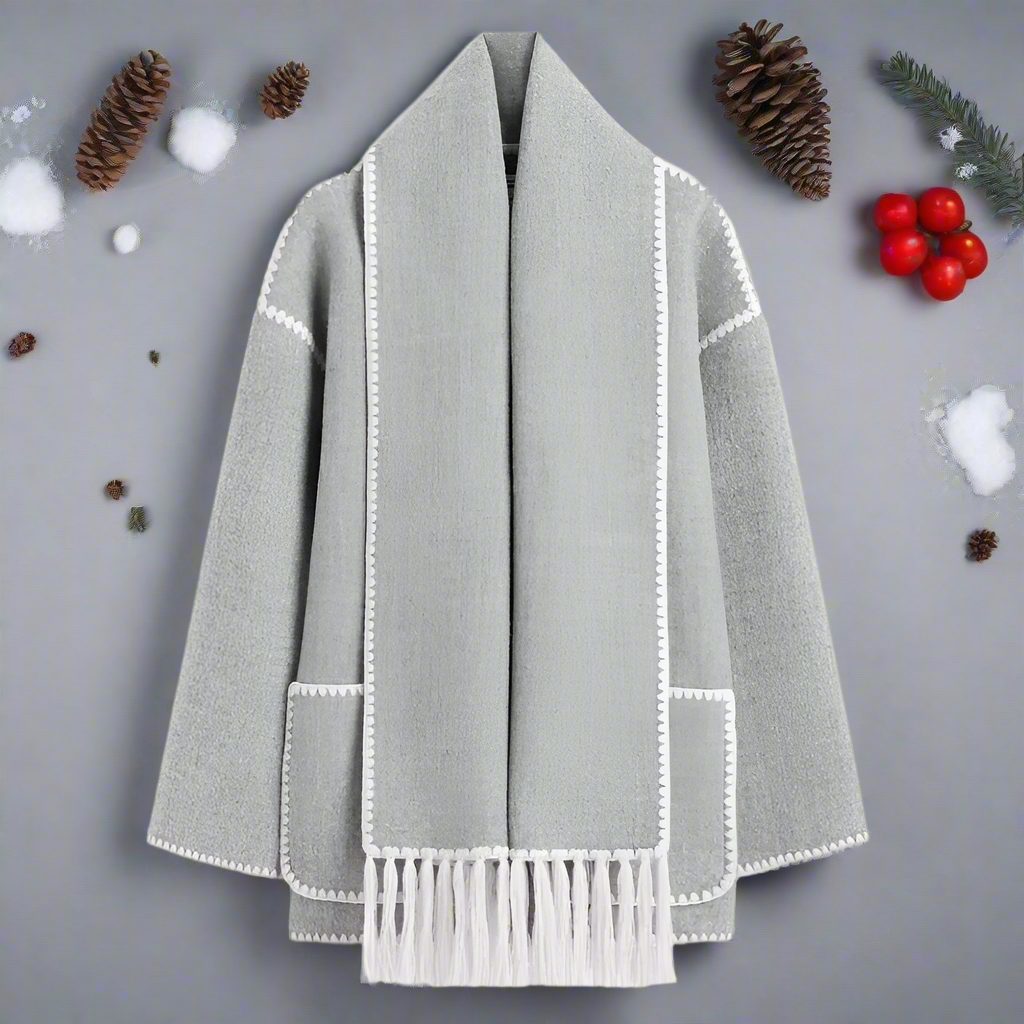 Women's Shawl Collar Coat with Button Front and Fringe Trim 2