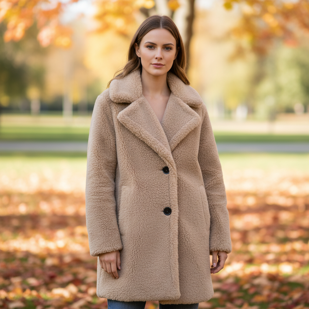 Women's Notch Collar Teddy Coat Button Front Relaxed Fit 5