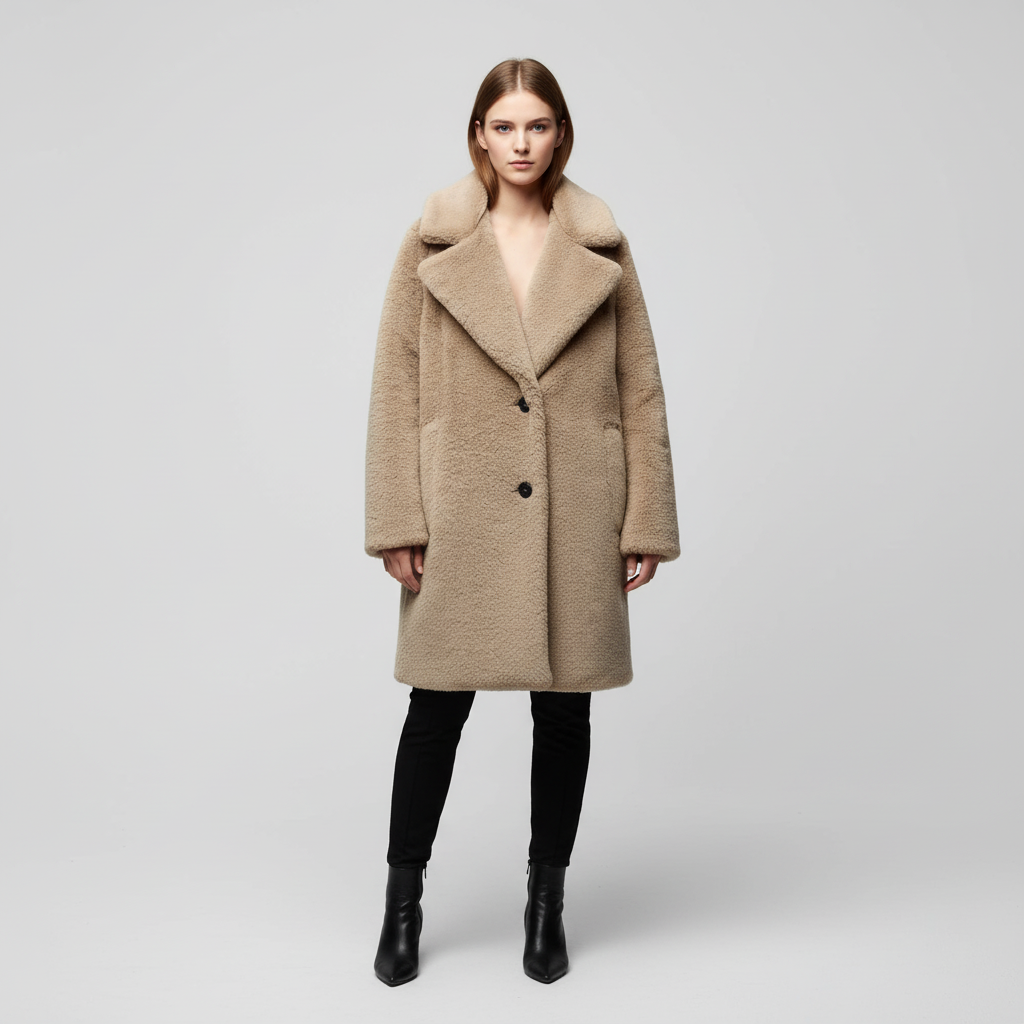 Women's Notch Collar Teddy Coat Button Front Relaxed Fit 1