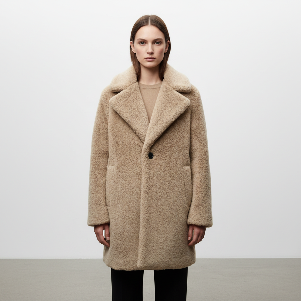 Women's Notch Collar Teddy Coat Button Front Relaxed Fit 2