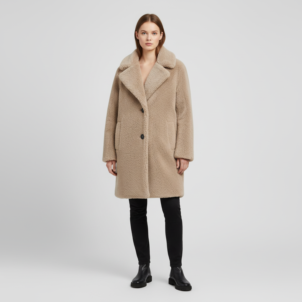 Women's Notch Collar Teddy Coat Button Front Relaxed Fit 3