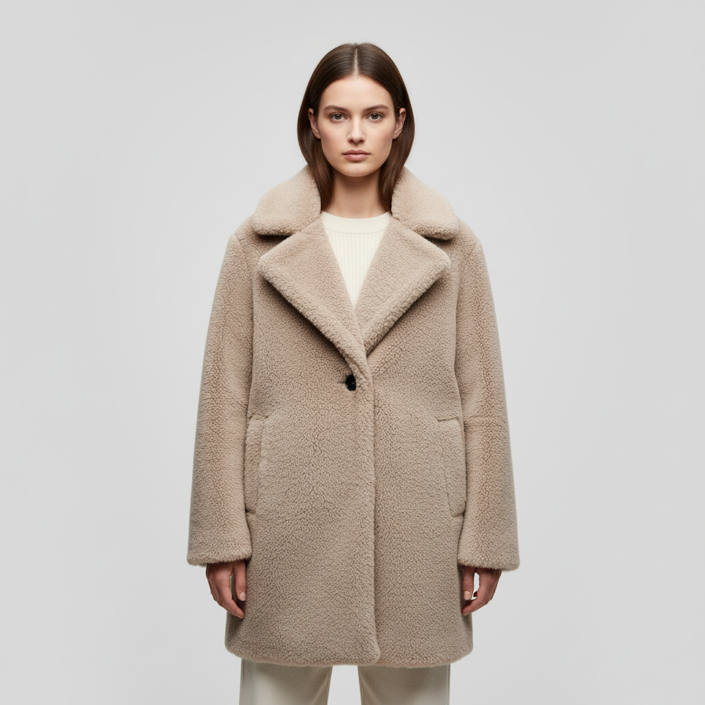 Women's Notch Collar Teddy Coat Button Front Relaxed Fit 4