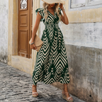 Valerie | Geometric Print Ruffle Sleeve Smocked Waist Maxi Dress 3