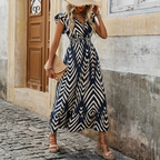 Valerie | Geometric Print Ruffle Sleeve Smocked Waist Maxi Dress 1